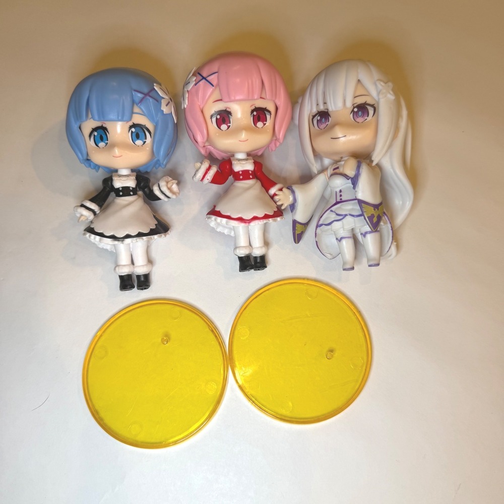 Re Zero Rem Ram Emilia Chibi Figure Set 3 Inch Anime Miniatures with 2 Stands